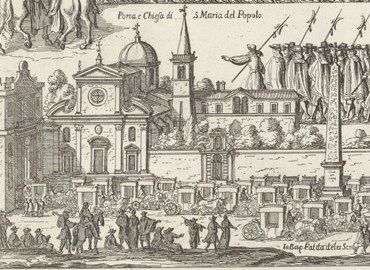 Fig. 1: GIOVANNI BATTISTA FALDA, Ingresso di Pedro Antonio de Aragón a Roma, Roma 1671 (particolare raffigurante la chiesa e il convento di Santa Maria del Popolo). Amsterdam, Rijksmuseum, RP-P-OB-36.033 (riproduzione digitale in public domain, cfr. Rijksmuseum: http://hdl.handle.net/10934/RM0001.COLLECT.108971).